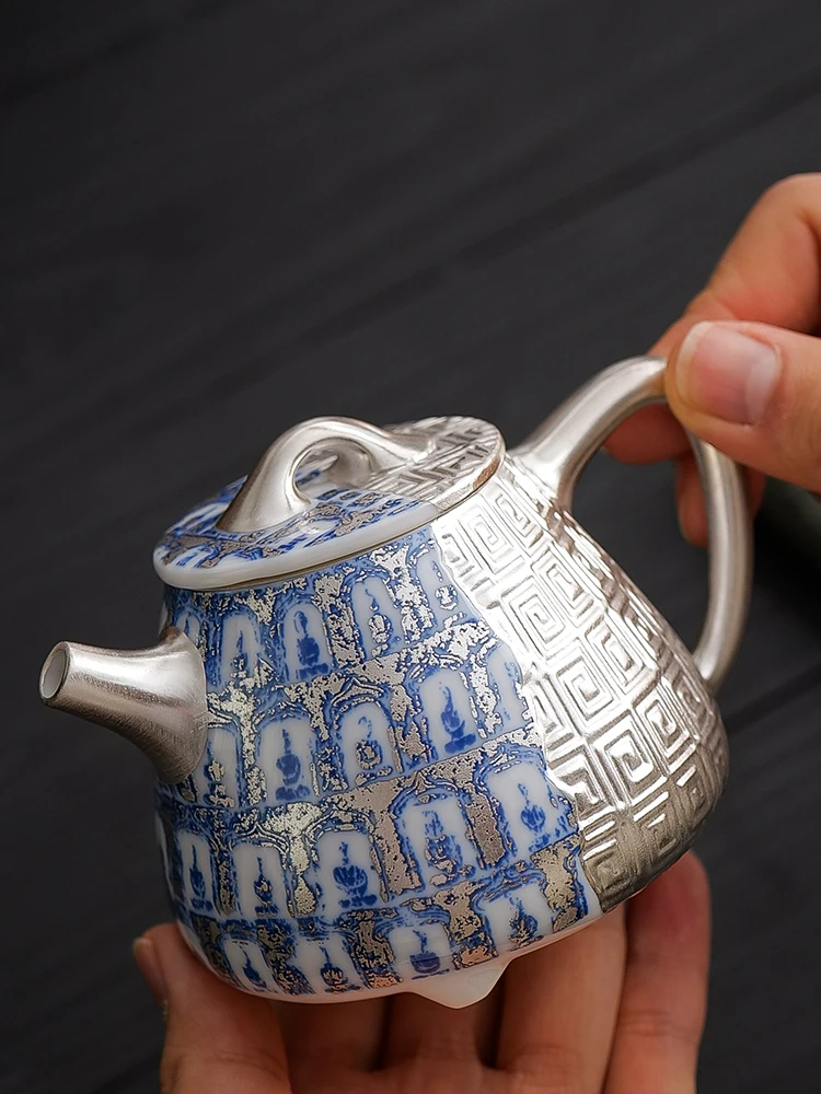 

Handmade 999 Pure Silver Teapot Dunhuang Thousand Buddha Blue And White Tea Brewing Pot Silver Plating Gongfu Tea Set Health Tea