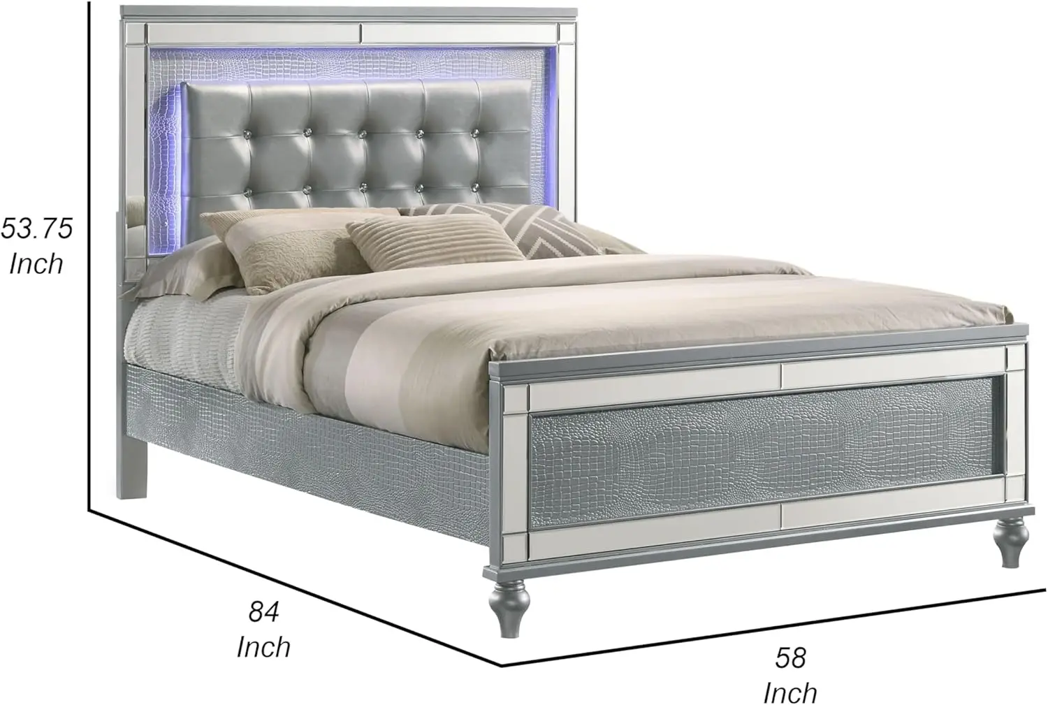 Benjara Lee Twin Size Bed, Led, Tufted Faux Leather Upholstery, Textured Silver