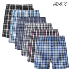 6pcs Men's Boxer Shorts Spring/Summer New Woven Cotton Plaid Underwear Man with Elastic Waistband and Button Random Colors