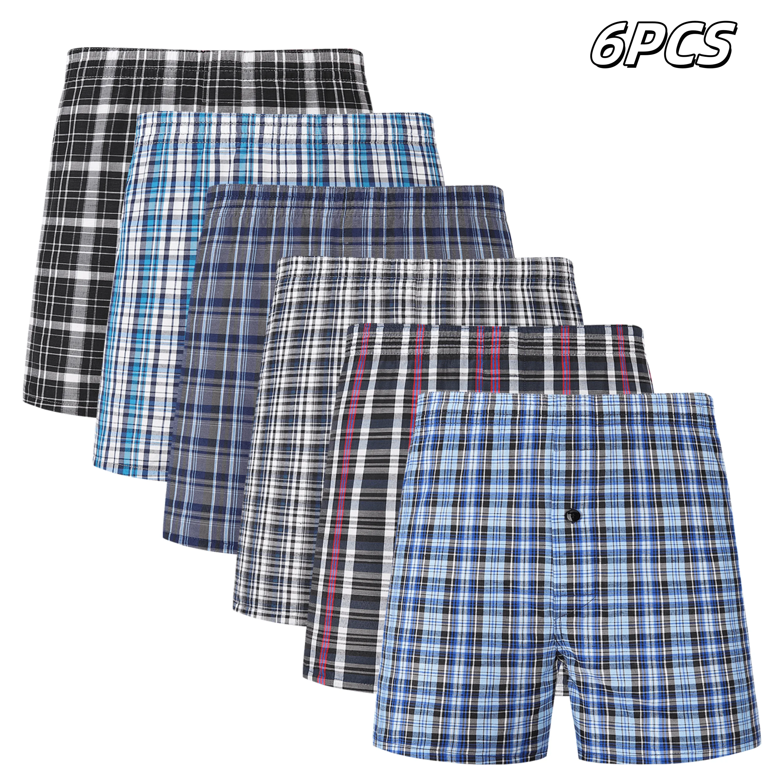 6pcs Men's Boxer Shorts Spring/Summer New Woven Cotton Plaid Underwear Man with Elastic Waistband and Button Random Colors