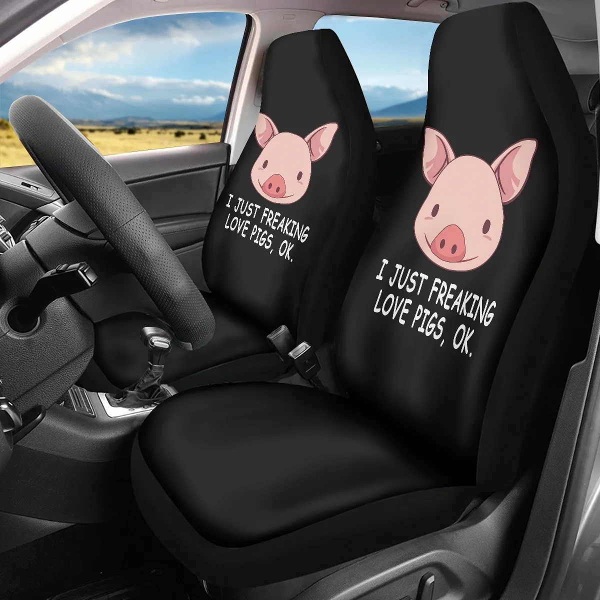 Car Seat Covers Set Cute Pink Piggy Pattern 2Pcs Car Accessories Polyester Cloth Luxury Design for Women Men Dirt Resistant New