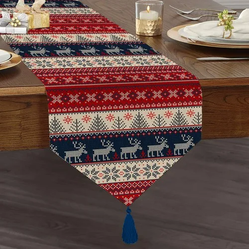 RealHomes Christmas Reindeer Pattern Digital Printed Tassels Chenille Triangle Runner