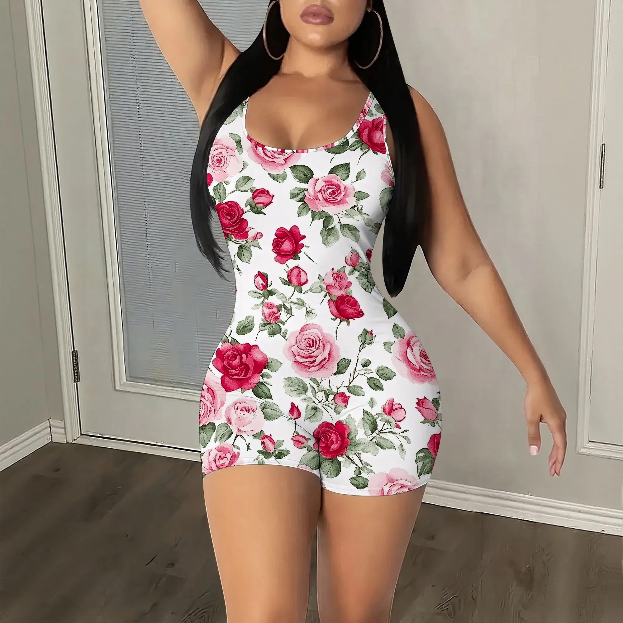 

Rose Floral Romper, Sleeveless Bodycon Playsuit, Summer Beach Outfit, Casual Party Wear, S-2XL