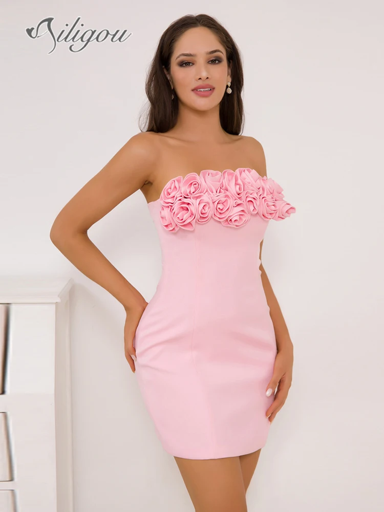 

Ailigou 2023 Women's High Quality Pink Strapless Flower Lacing Sexy Backless Tight Mini Dress Elegant Tomorrow Party Dress