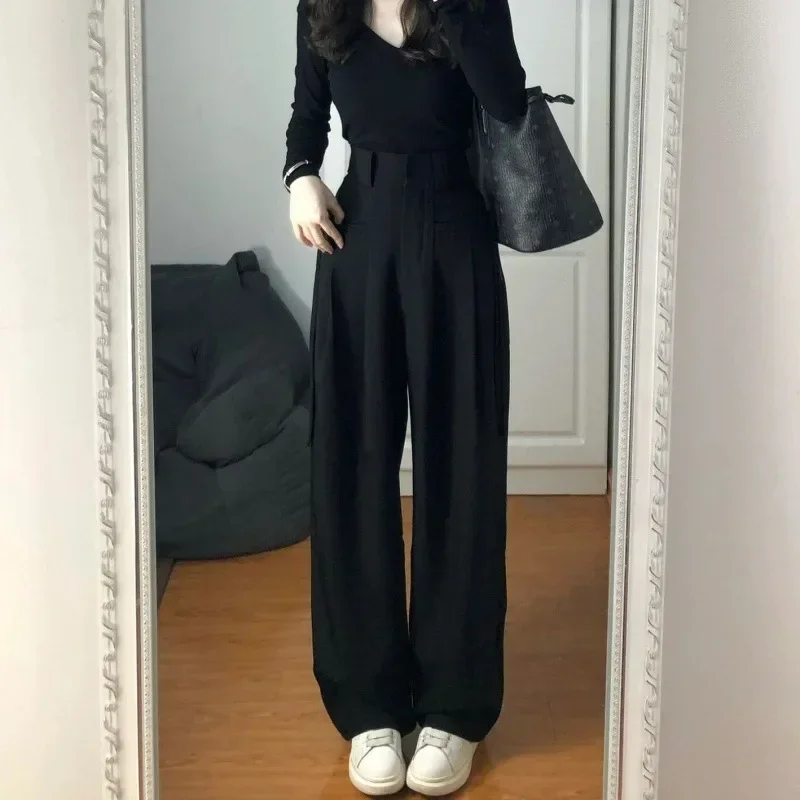 

Simple Black High Waist Female Wide Leg Pants Full Length Casual Straight Solid Color Women's Suit Pants Korean Women Set Y2k