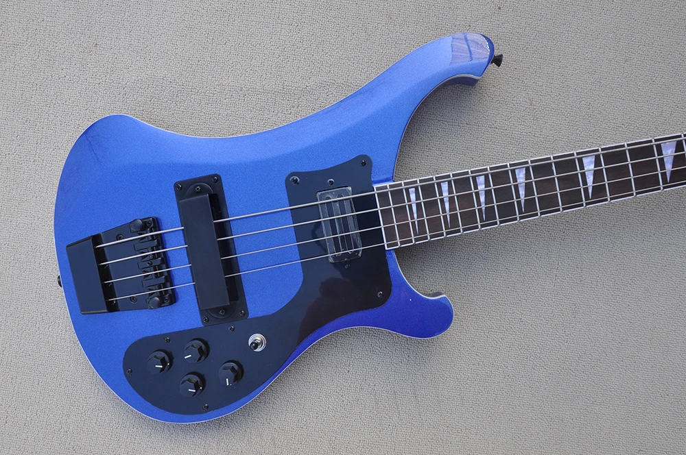 4 Strings Metal Blue Electric Bass Guitar with Black Pickguard,Rosewood Fretboard