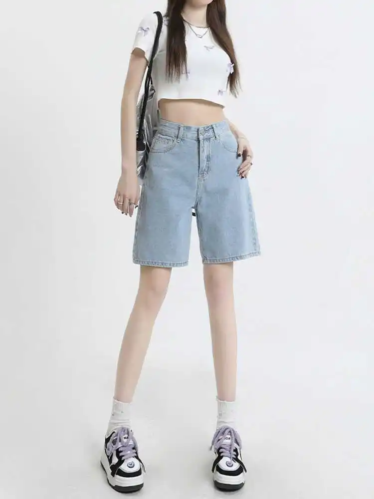 

Легкие джинсовые орты с высокой талией Five-Quarter, женские тонкие повседневные утягивающие свободные летние орты с прямыми штанинами