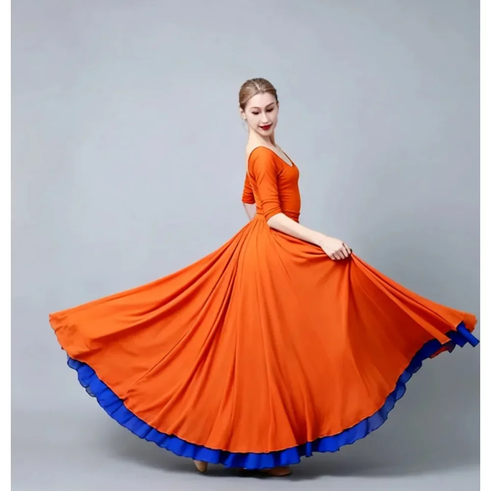 

Юбка для танца фламенко женская, с широким подолом 720 градусов, из шифона, однотонная, для выступлений на сцене и тренировок по танцу живота