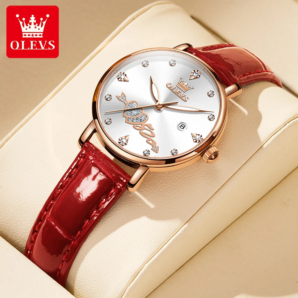 

OLEVS 5509, женские часы, модные оригинальные кварцевые часы для женщин, Reloj Mujer, водостойкий кожаный ремешок, светящаяся цирконовая шкала