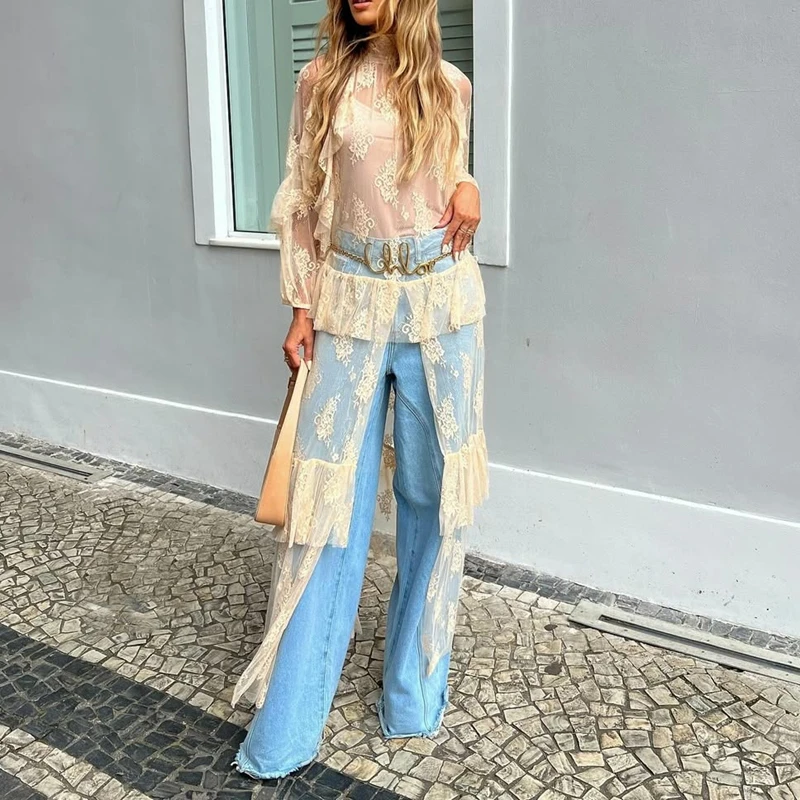 Robe plumeau en dentelle florale transparente pour femmes, manches longues, maille transparente, à volants, couches, haut fluide, fendue sur le devant