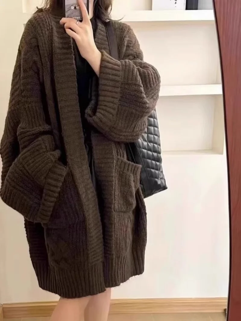 

Осенне-зимняя одежда 2021, новый корейский свитер большого размера в ленивом стиле, кардиган, вязаная куртка средней длины, верхняя одежда w1181