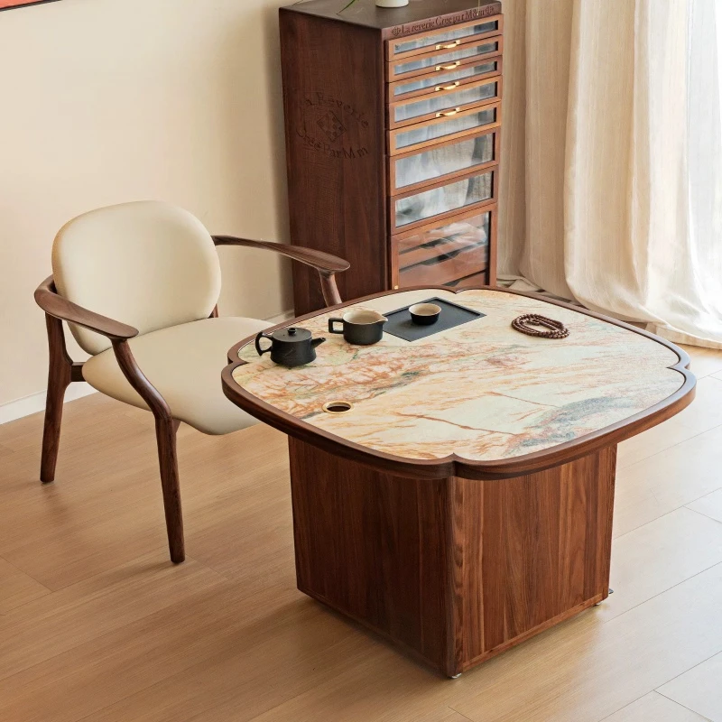 2026 new stone rotating movable wheel tea table light luxury ebony balcony study small household tea table