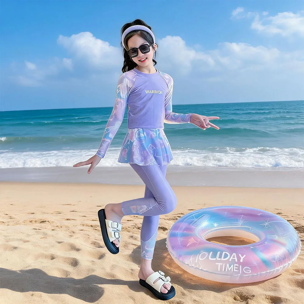 Cute 3-Piece Swimsuit Set for Children and Girls Sunscreen Long Sleeved Pants Printed Skirt Quick Drying Girl Pool Beach Outfit