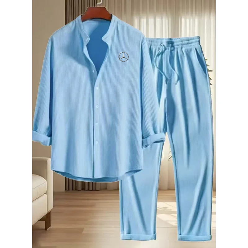 

Two-piece set of single-buttoned shirts for men, solid shirts with drawstring, straight pants.