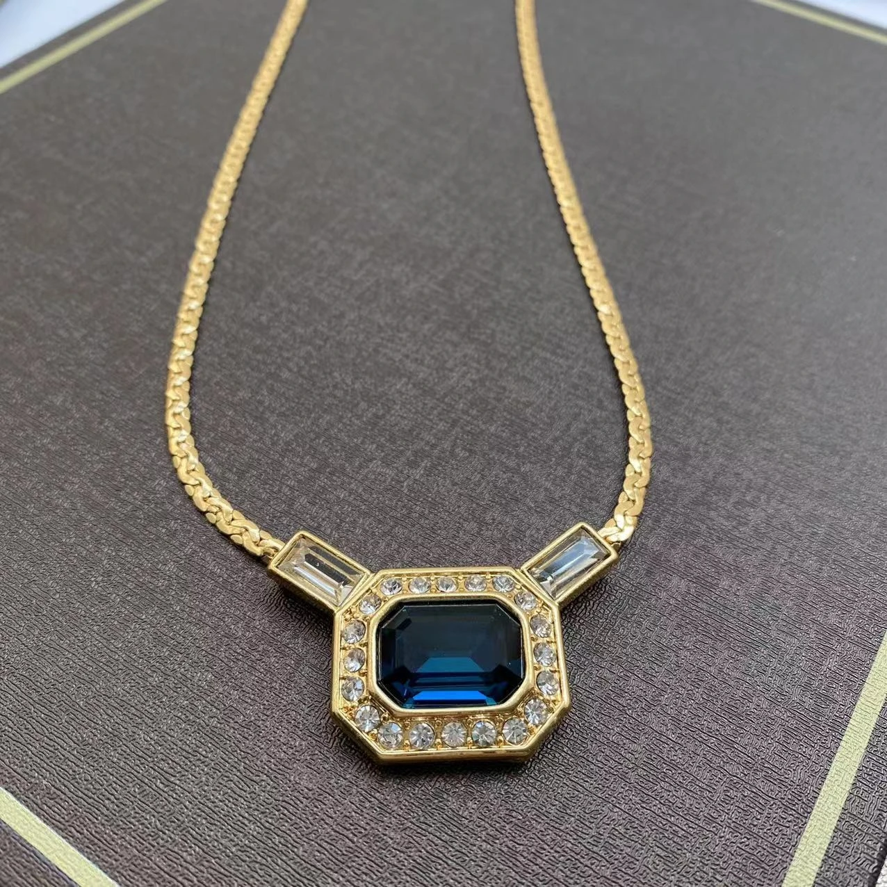 

Art Deco High Jewelry 9K 14K Solid Gold Filled Big Carat Blue Tourmaline Aquamarine Diamond Pendant Snake Chain Gems Necklace