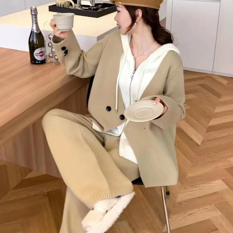 Korean Harajuku BF Style Fake Two-piece Knitted Set Women Outfit Autumn Winter Hooded Knitwear and Casual Wide Leg Pants Suits