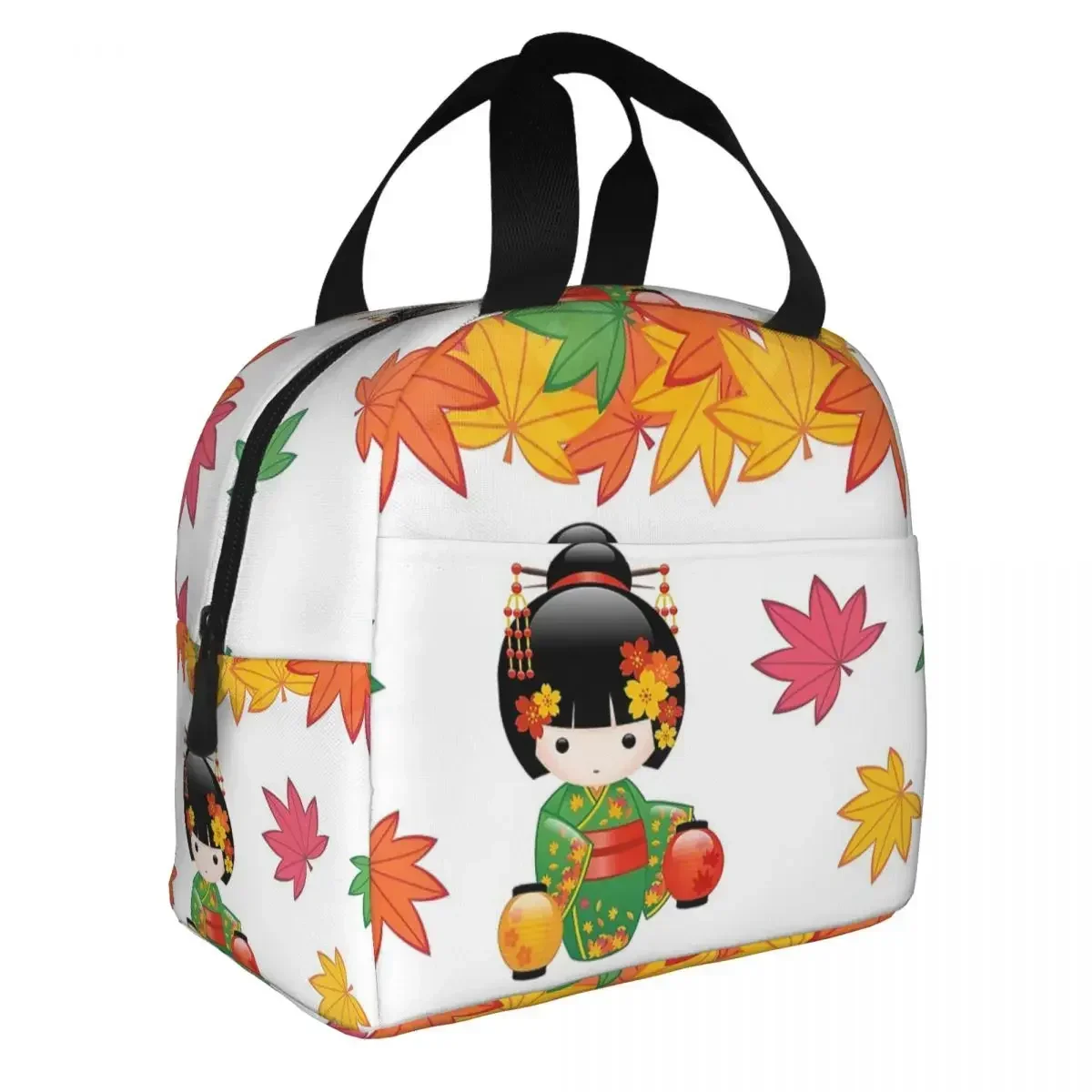 Japanese Fall Kokeshi Doll Insulated Lunch Bag Portable Lunch Container Thermal Bag Tote Lunch Box Work Picnic Girl Boy