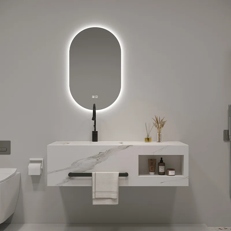 

Light luxury rock slab integrated basin bathroom cabinet combination simple modern seamless ceramic basin wash basin face wash