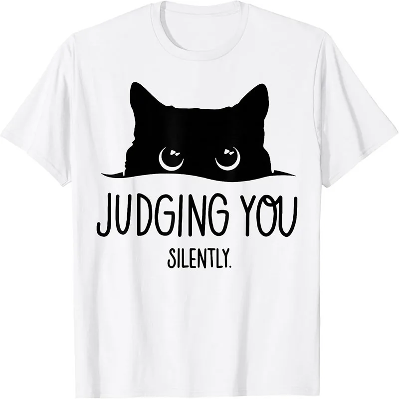 Men Women Judging You Silently Peeking Black Cat Silhouette Funny Graphic T Shirt Simple Minimalist Short Sleeve Tee Tops