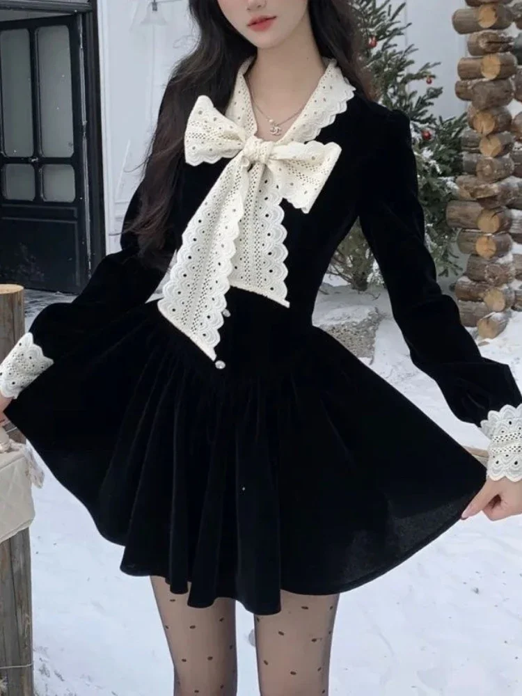 French Vintage Black Velvet One Piece Dress Women Patchwork Lace Panel Princess Dresses Korea Chic Design Casual Party Clothes