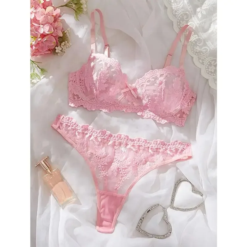 Sexy Women Lingerie Set Delicate Embroidery Erotic Sets Pink Floral Lace Lingerie Sweet Transparent Underwear Push Up Bralette