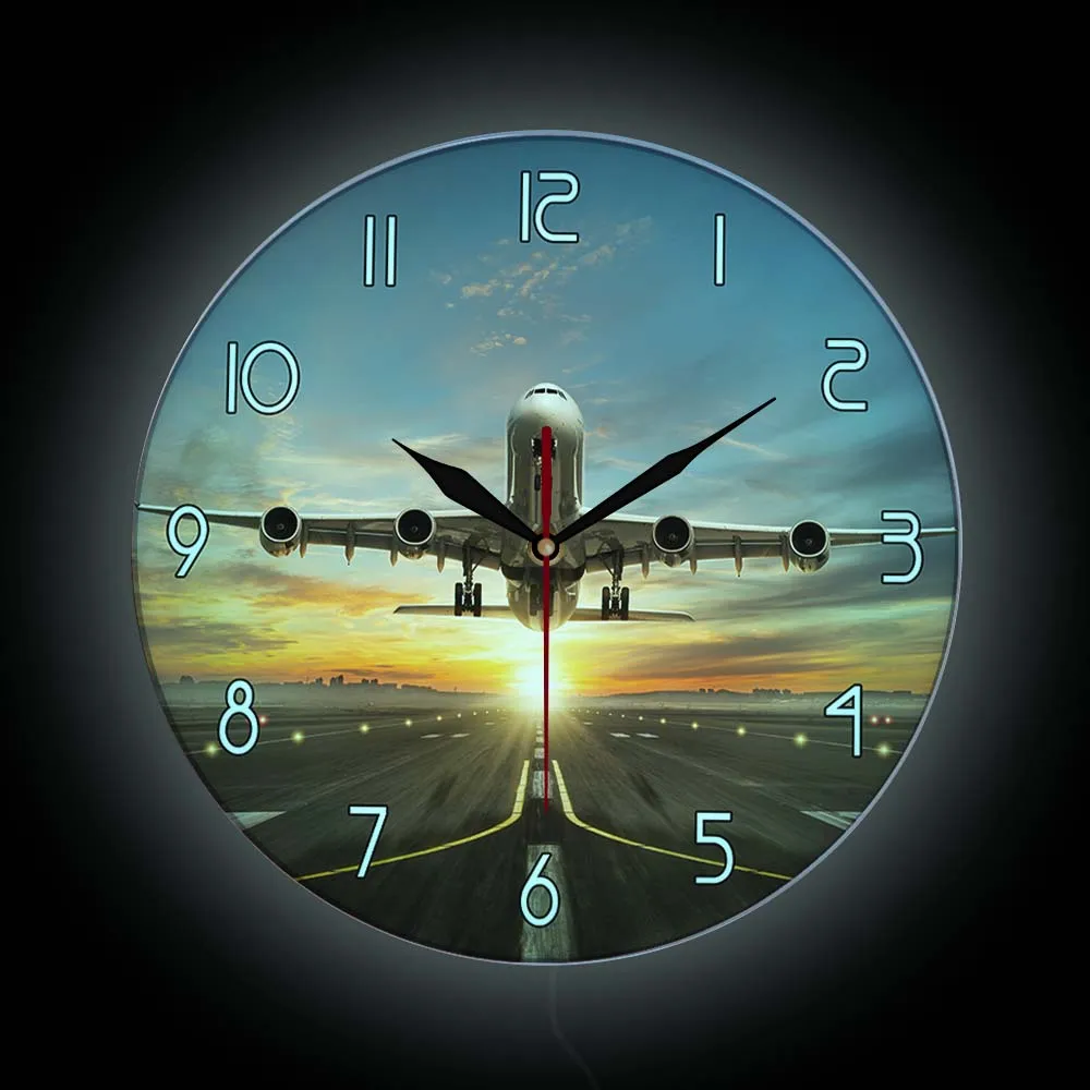 

Airplane Take Off LED Backlit Wall Clock Man Cave Home Decor Flying Aircraft City Skyline Sunset View Wall Watch Aviator Gift