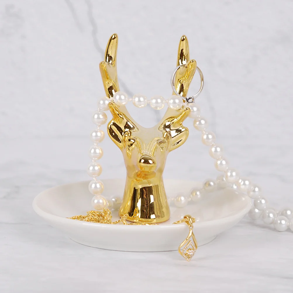 2Pcs Jewelry Storage Plates Golden Deer Head Ceramic Decorative Ring Dish Tray Organizer Jewelry Holder for Bracelet Earrings