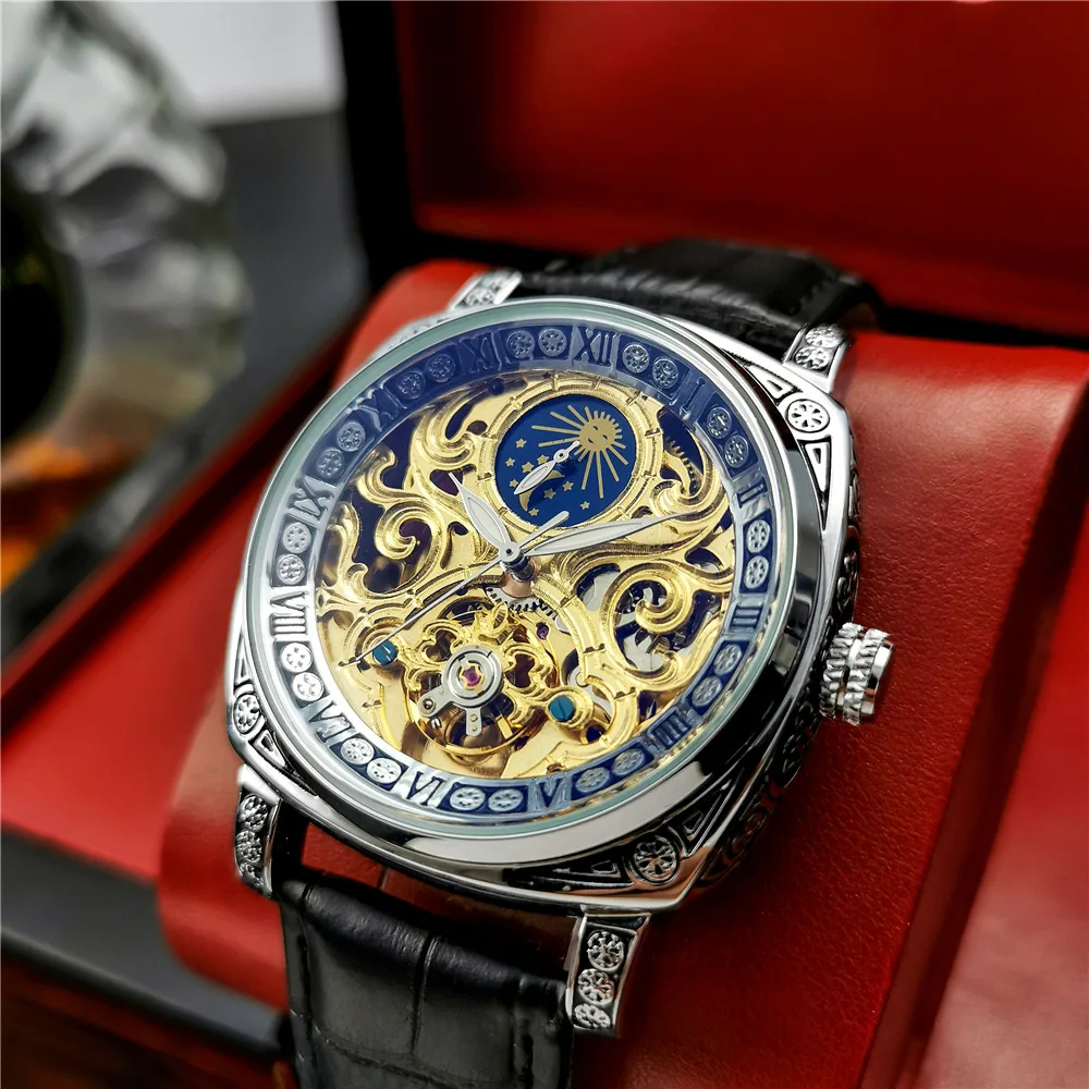 AOKULASIC montre mécanique automatique pour hommes squelette voir à travers le dos lumineux Phase de lune bracelet en cuir lumière bleue