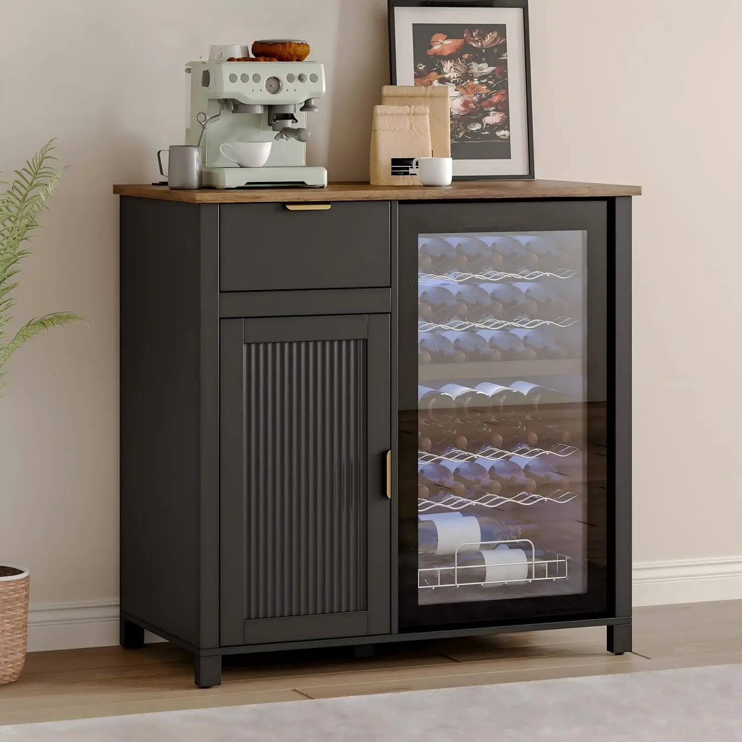 Bar Cabinet with Fridge Space, Black Wood Storage Furniture for Kitchen Dining Room, 39.37x20.86x38.66