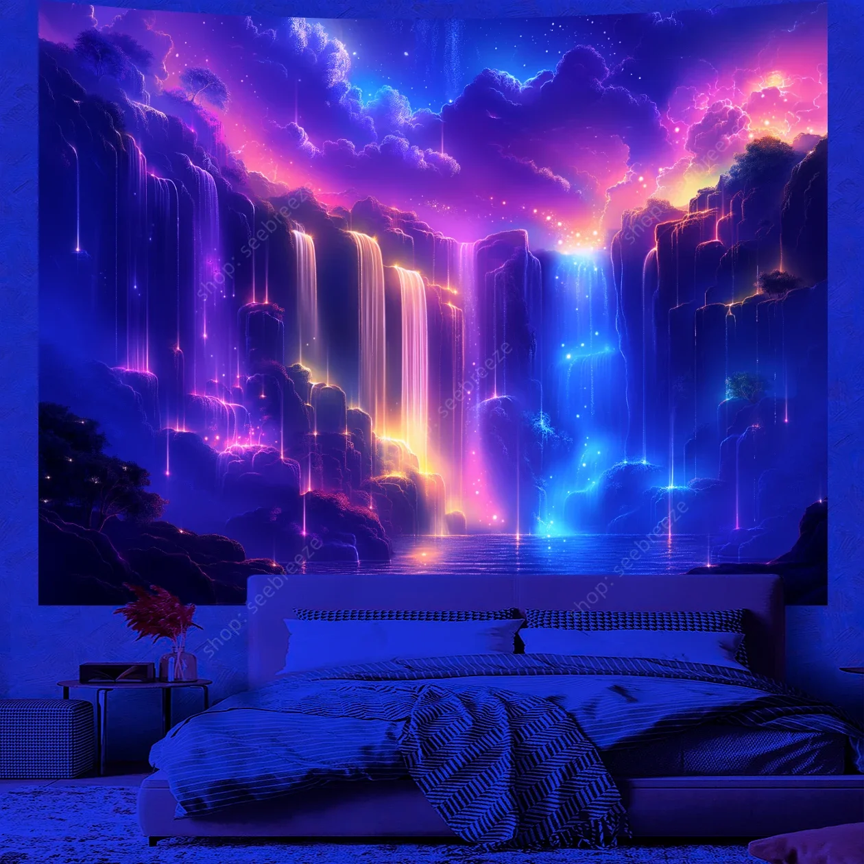 Psychedelic Waterfall Tapestry Galaxy Nature Landscape UV Reactive Tapestry Wall Hanging Dorm Living Room Aesthetic Hippie Decor