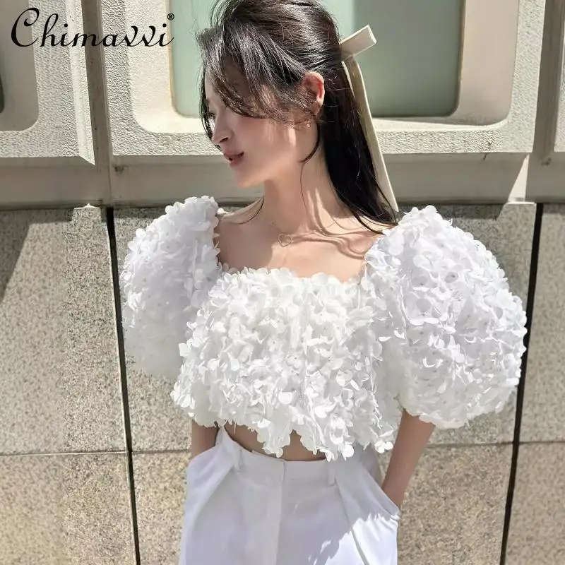 Chemisier court taille haute pour fille, col slash, manches à bulles, pétale 3D japonais, chemise douce et sexy, printemps et été, nouveau, Y