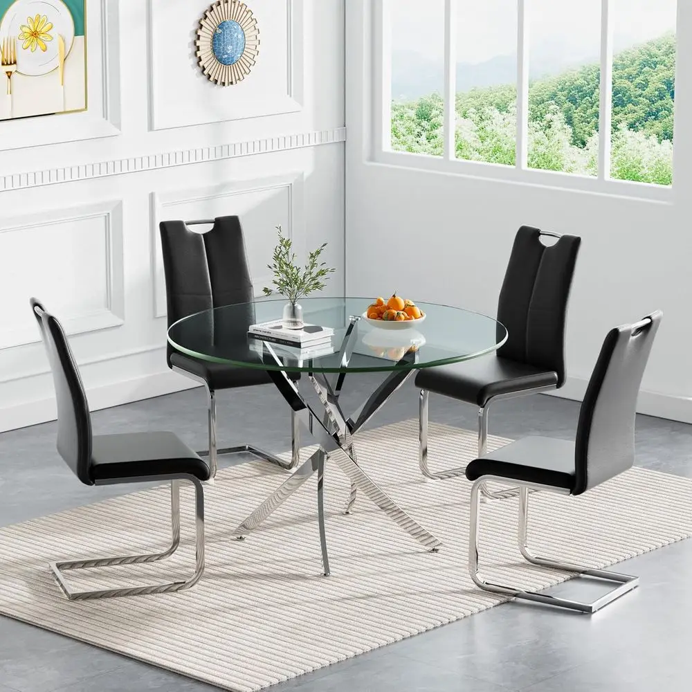 

4-5 Piece Dining Set with 36 Silver Glass Table and 4 Leather Chairs for Small Spaces