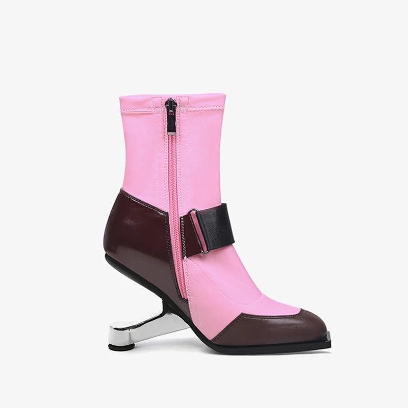 Sexy lady genuine leather stretch fabric 8cm high strange metal heel side zip dating pink black modern ankle boot HL458 MUYISEXI