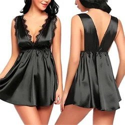 Summer Sexy Backless Sleep Lounge Night Dress Silk Nightwear Female 2022 Women Sexy Lace Satin Sleepwear Nightdress Home Wear