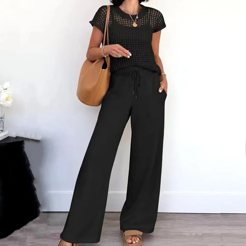 

Casual Short Sleeved Pocket Straight 2pc Sets Ladies O Neck Hollow Top and Pants Suit Summer Vacation Solid Color Loose Outfit