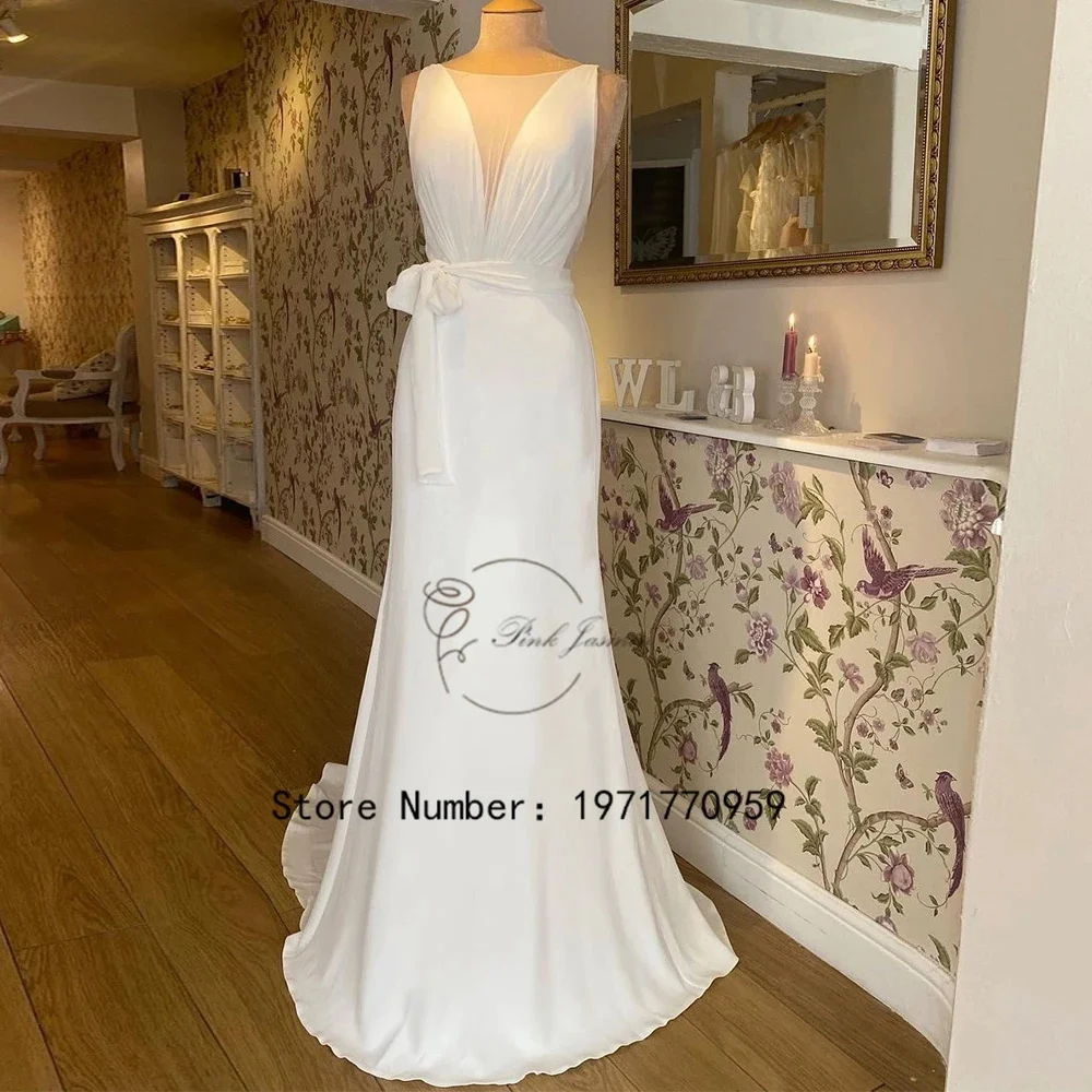 

Mermaid White Wedding Dresses With Belt For Women Scoop Neck High Quality Chiffon Bridal Gown Court Train Customized Back