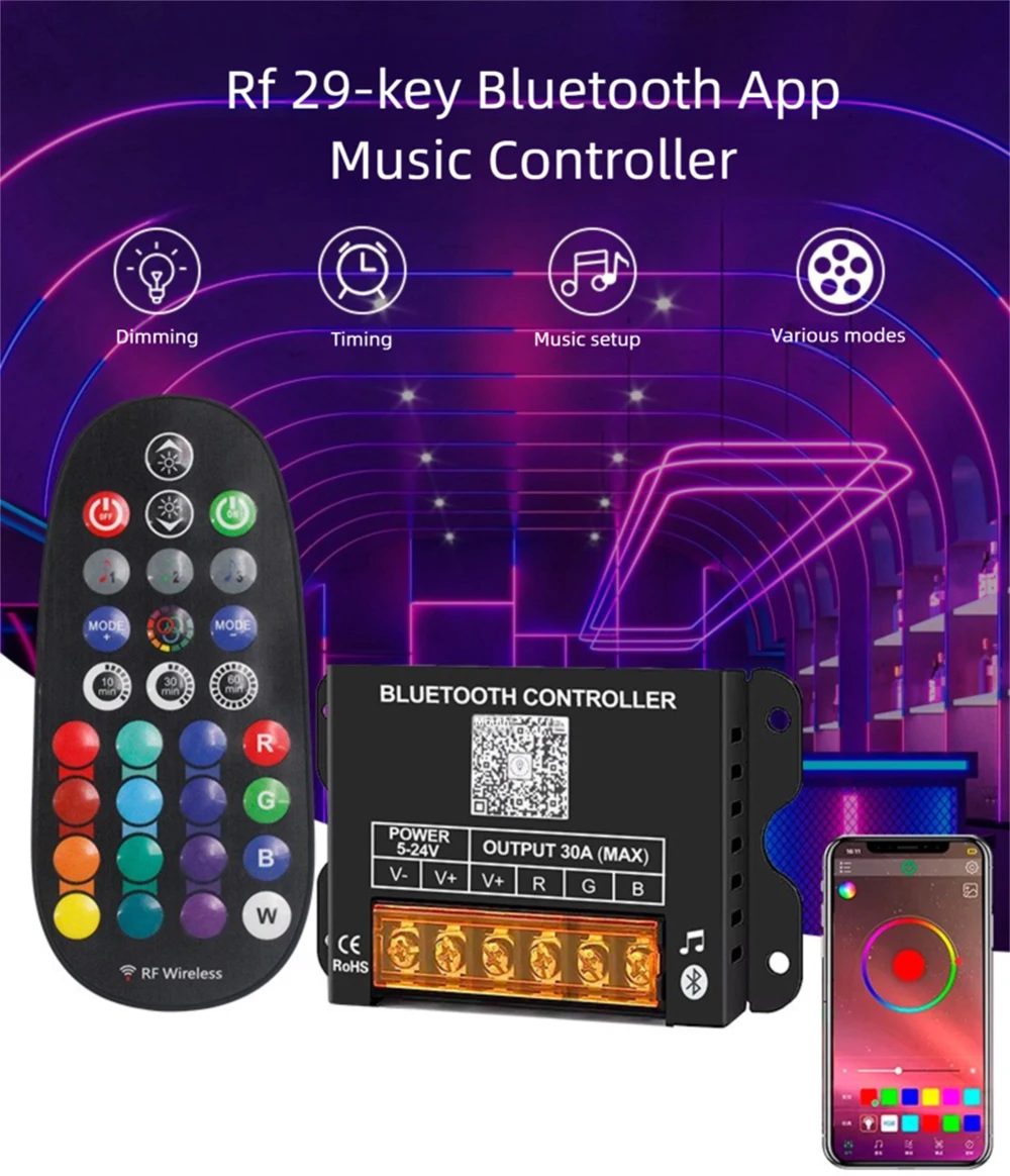 الذكية بلوتوث DIM RGB RGBW وحدة تحكم لخاصية تخفيض الإضاءة تيار مستمر 5 فولت 12 فولت 24 فولت 30A و 29-مفتاح اللاسلكية RF عن بعد لشريط 5050 2835 COB LED