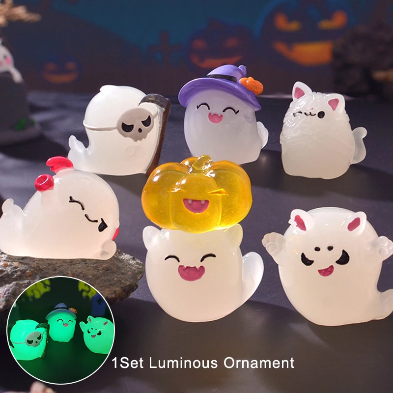 1 conjunto luminoso mini ornamento de halloween dos desenhos animados animais fantasmas estatueta micro paisagem interior do carro decoração desktop casa