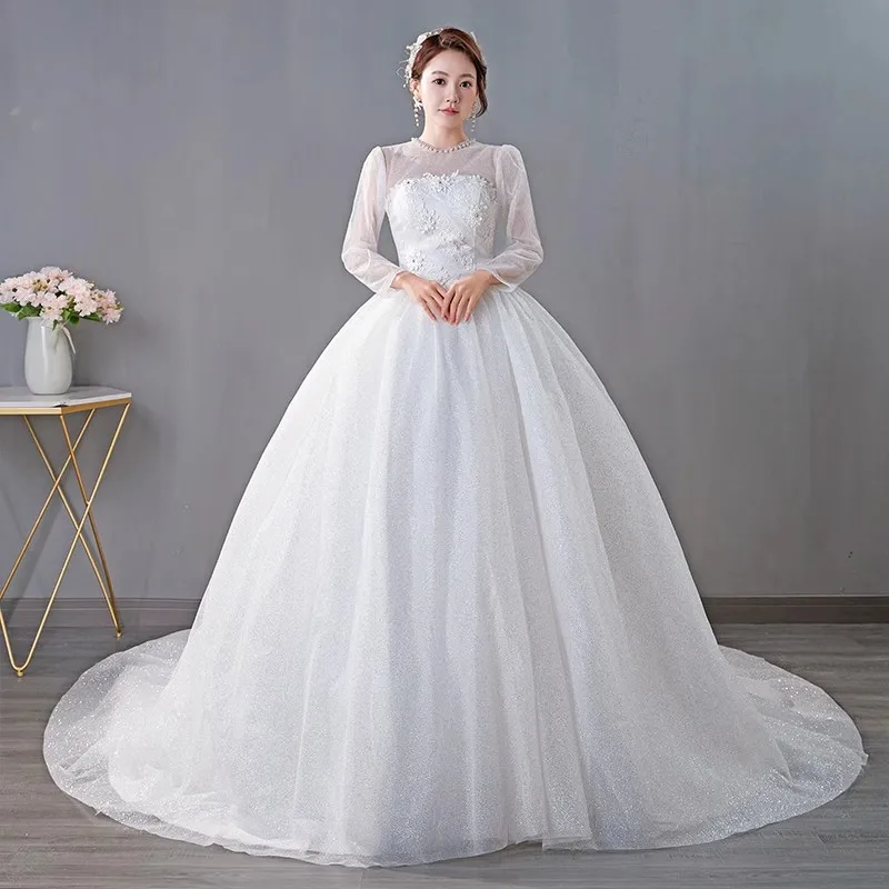 It's Yiiya Wedding Dresses Pearls Bling Tulle O-neck Full Sleeves Floor Length Plus size Princess Trailing Plus sizw Bride Gowns