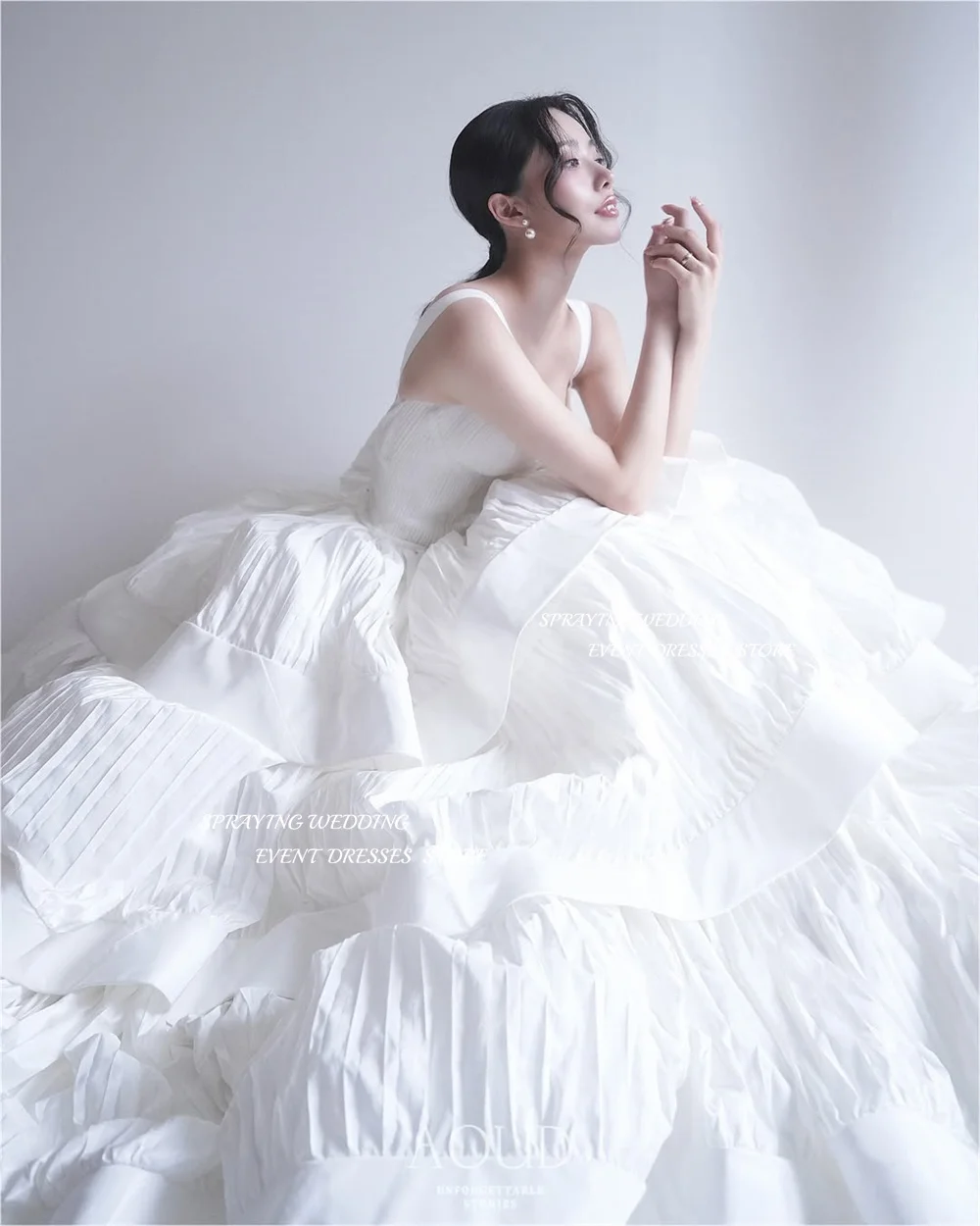 SPRAYING Elfenbeinfarbenes Taft-Hochzeitskleid, Korea-Fotoshooting, quadratischer Kragen, Riemen, lange, abgestufte Brautkleider, Korsett, maßgeschneidert,  soi