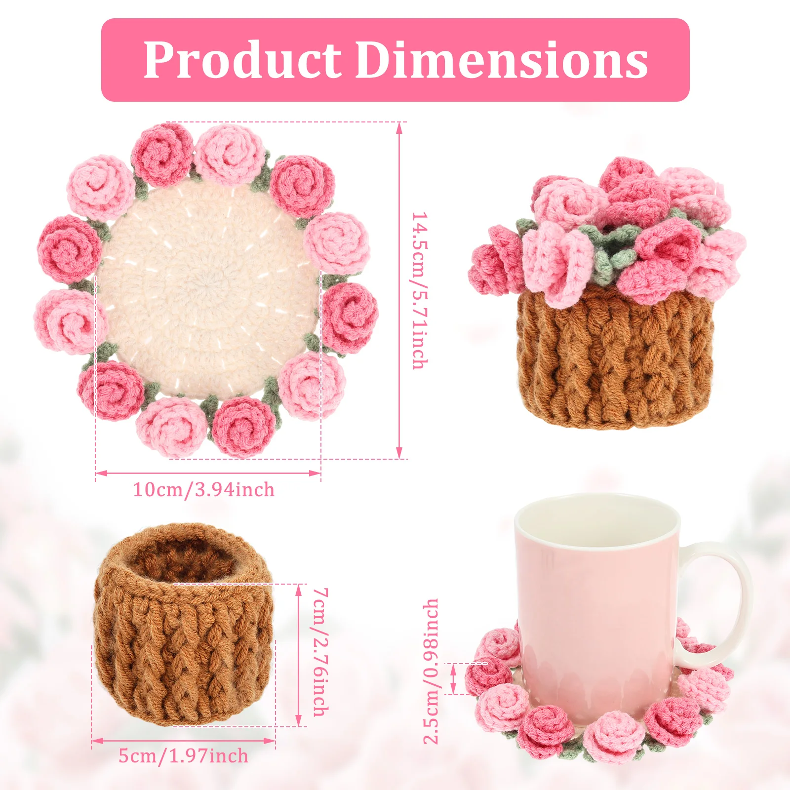 Rose Crochet Coasters with Plant Pot Handmade Knitted Flower Bouquet Coaster Coffee Table Cupmat Placemat Home Office Decor