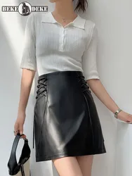 Sexy Women A Line Short Mini Skirt Ladies Soft Sheepskin High Waist Side Lace Up Skirts Spring 100% Genuine Leather Wrap Skirt