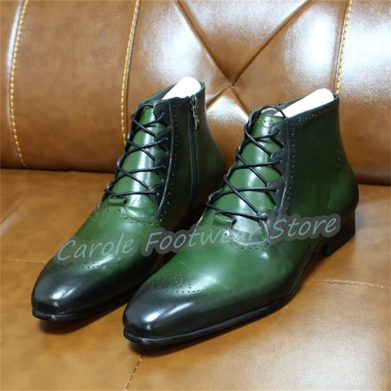 

Handmade Genuine Leather High Top Boots for Men Square Toe Chunky Heel Lace-Up Ankle Boots Male Business Dress Chelsea Boots