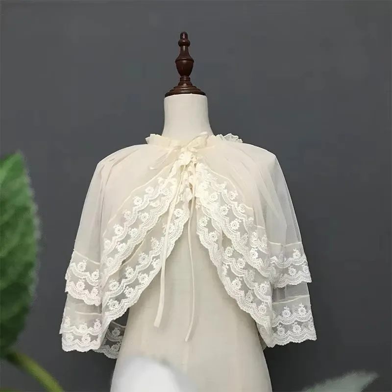 Women Japanese Lolita Kawaii Lace Mesh Cardigan Ruffles Open Front Sweet Poncho Shawl Outerwear