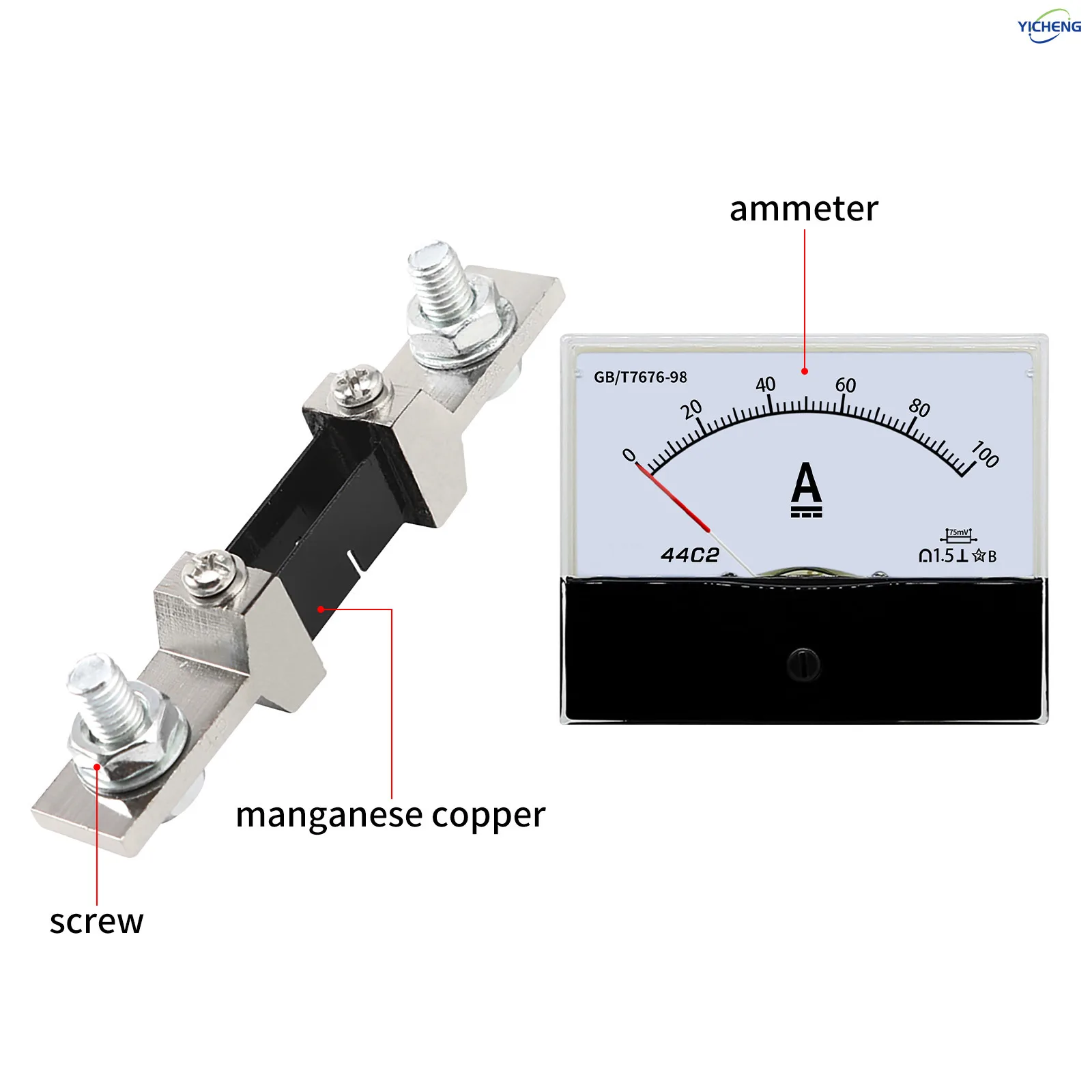 YICHENG DC Ammeter 44C2 Pointer Type Mechanical Meter for Accurate Current Reading.20A~500A /75mV.Equipped with current divider