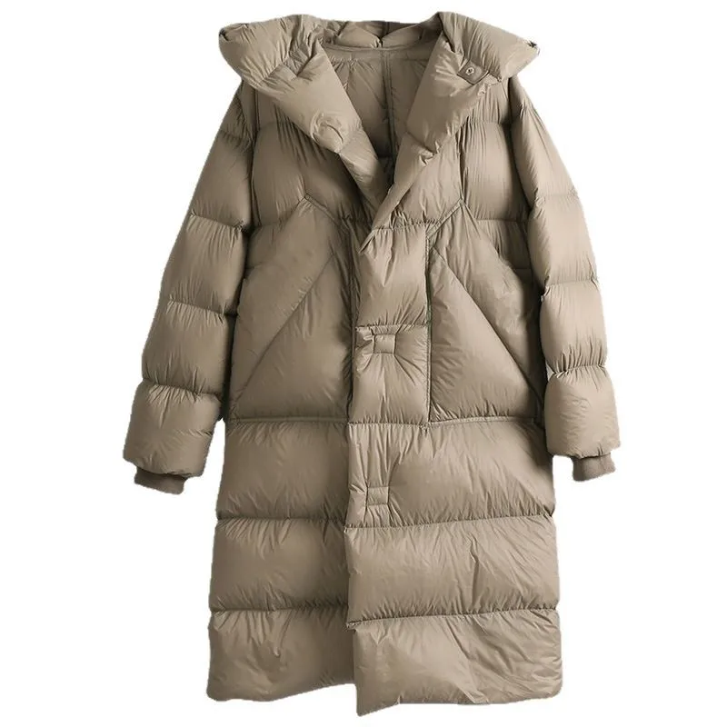Winter European Women's Down Jacket Loose Commuting Hooded White Duck Down Long Down Jacket