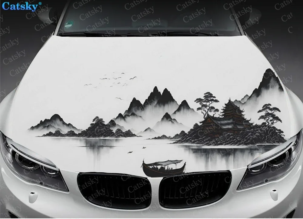 Chinese Landscape Painting Car Hood Vinyl Sticker Wrap Film Engine Cover Decal Protect Sticker Car Accessories Decoration Gift