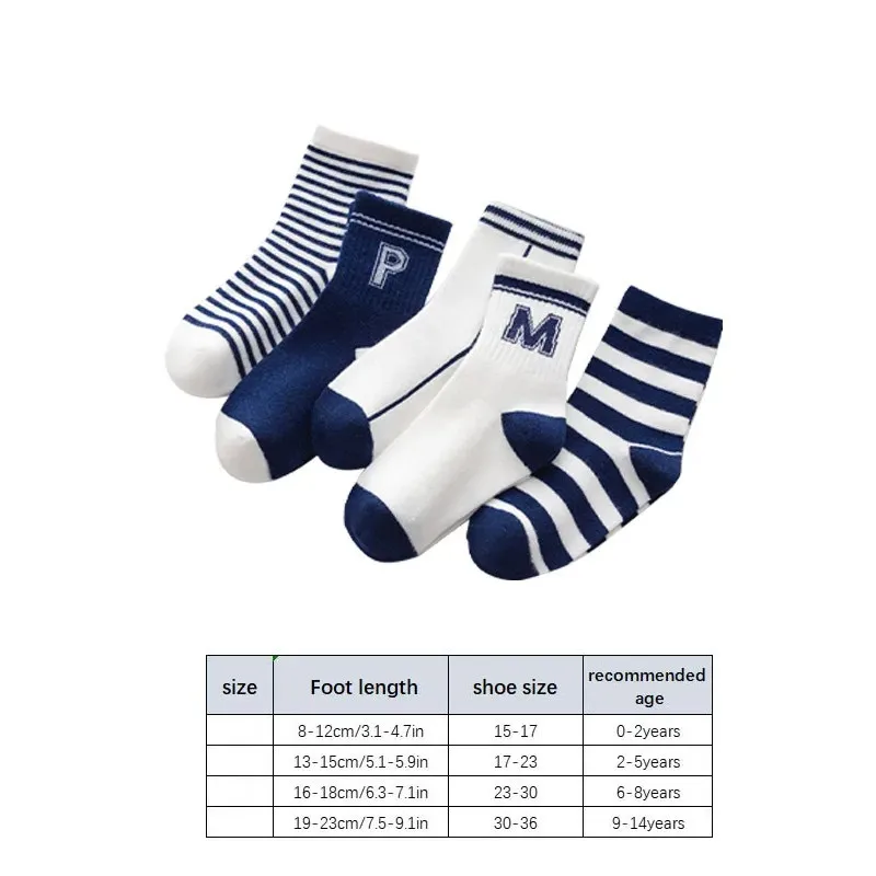 5Pairs/Set Letter Socks Boy Girl Sport Socks Four Seasons for Baby Classic Striped Toddler Middle Tube Sock Soft Cotton Kids