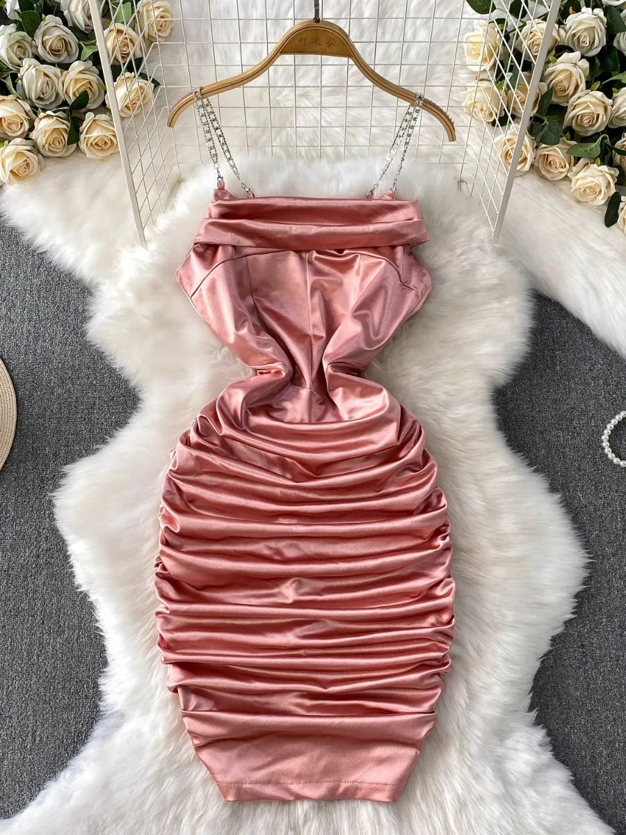 Foamlina Chic Glossy Satin Halter Dress Women 2025 Summer New Socialite Pleated Cinched Waist Slim Fit Bodycon Dresses