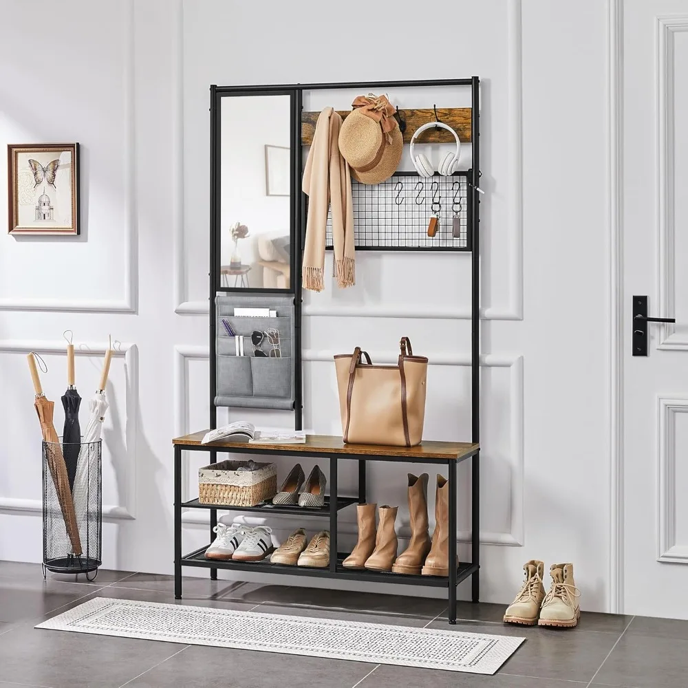 

Coat Rack,Hall Tree with Shoe Bench,Coat Rack with Mirror&Storage Bag,Entryway Bench with Shoe Storage Shelves,Rustic Brown